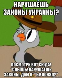 нарушаешь законы украины? посмотри вот сюда! "слышь! нарушаешь законы, дам п***ы! понял?"