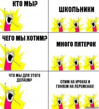 Кто мы? Школьники Чего мы хотим? Много пятерок Что мы для этого делаем? Спим на уроках и гоняем на переменах!