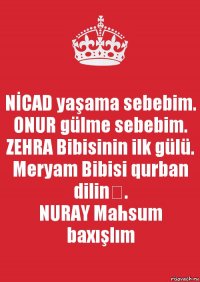 NİCAD yaşama sebebim.
ONUR gülme sebebim.
ZEHRA Bibisinin ilk gülü.
Meryam Bibisi qurban dilinə.
NURAY Mahsum baxışlım