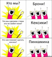 Кто мы? Брони! Что мы сделаем с теми кто не любит пони? Кексики! Кто нам поможет сделать кексики? Пинкамина