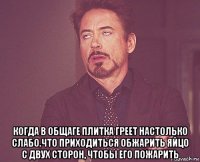  когда в общаге плитка греет настолько слабо.что приходиться обжарить яйцо с двух сторон, чтобы его пожарить