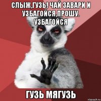 слыж,гузь! чай завари и узбагойся,прошу. узбагойся гузь мягузь