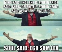 mind said: i hoe she is stupid pride said: she is defenitely stupid heart said: wow! she is stupid! soul said: ego sum lex