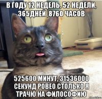 в году 12 недель, 52 недели, 365дней ,8760 часов 525600 минут, 31536000 секунд ровео столько я трачю на философию