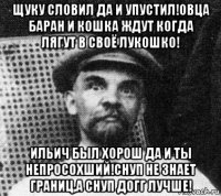 щуку словил да и упустил!овца баран и кошка ждут когда лягут в своё лукошко! ильич был хорош да и ты непросохший!снуп не знает границ,а снуп догг лучше!