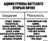 Админ группы Battlerite открыл личку - Привет, помоги разобраться...
- Здравствуйте, у меня есть предложение...
- Алоха, к кому обратиться по вопросу...
- Там плохие ребята нарушают правила! - Такой жирный а уже админ...
- Ты чо,бычара, норм пацанов банишь?!
- Рейт мне почини, тварь!
- Я найду тебя и съём твоё лицо!