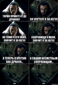 Торин привет! А где дракон? Он улетел! Я за него! Не гони! Я его убил, значит я за него! Сокровища у меня. значит я за него! А теперь я улетаю как дракон... К своим несметным сокровищам... ... ...