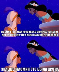 жасмин ты такая красивая.о спасибо алладин мне так прятно что у меня волосы растиклись знаешь жасмин это была шутка