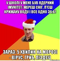 у школі у мене був ядерний імунітет: жереш сніг, п'єш крижану воду і все одно 36,6! зараз: 5 хвилин на морозі - вірус, гриб, піздєц