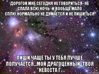 дорогой мне сегодня не говориться- не спала всю ночь -и вообще мало сплю.нормально не думается и не пишиться пиши чаще ты у тебя лучше получается...мой драгоценный -твоя невеста г