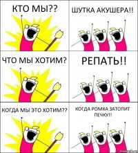 КТО МЫ?? ШУТКА АКУШЕРА!! ЧТО МЫ ХОТИМ? РЕПАТЬ!! КОГДА МЫ ЭТО ХОТИМ?? КОГДА РОМКА ЗАТОПИТ ПЕЧКУ!!