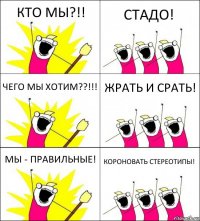 КТО МЫ?!! СТАДО! ЧЕГО МЫ ХОТИМ??!!! ЖРАТЬ И СРАТЬ! МЫ - ПРАВИЛЬНЫЕ! КОРОНОВАТЬ СТЕРЕОТИПЫ!