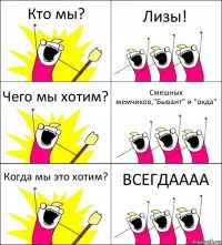 Кто мы? Лизы! Чего мы хотим? Смешных мемчиков,"Бываит" и "окда" Когда мы это хотим? ВСЕГДАААА