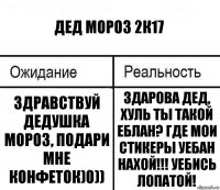 ДЕД МОРОЗ 2к17 Здравствуй дедушка мороз, подари мне конфеток)0)) Здарова дед, хуль ты такой еблан? Где мои стикеры уебан нахой!!! УЕБИСЬ ЛОПАТОЙ!