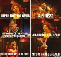 Шрек вот ты сука а я чё?? ты виноват,в том что ты убил кота в сапогах ага,папусь а ты прав! Осёл скажи зачем он так!? это с ним бывает!