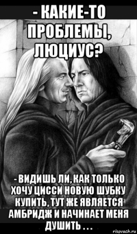 - какие-то проблемы, люциус? - видишь ли, как только хочу цисси новую шубку купить, тут же является амбридж и начинает меня душить . . .