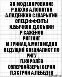 3D моделирование
Р.Вахов А.Лопатин
А.Паденков С.Шарыгин
Спецэффекты
И.Бычков Д.Оськин Р.Саженов
риггинг
М.Гринац А.Магомедов
ведущий специалист по ригу
П.Королёв
супервайзеры серии
Л.Эстрин А.Лебедев