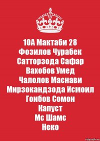 10А Мактаби 28
Фозилов Чурабек
Сатторзода Сафар
Вахобов Умед
Чалолов Маснави
Мирзокандзода Исмоил
Гоибов Сомон
Капуст
Мс Шамс
Неко