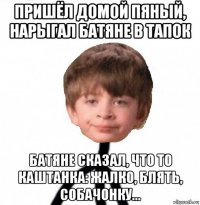 пришёл домой пяный, нарыгал батяне в тапок батяне сказал, что то каштанка: жалко, блять, собачонку...