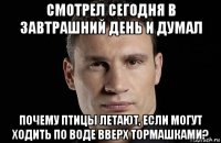 смотрел сегодня в завтрашний день и думал почему птицы летают, если могут ходить по воде вверх тормашками?