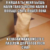 я няша а ты меня бьёшь нахуй такого хозяю нахуй я вообще срать пошёл пока и сказай майн вместе с лазером для котов позя сука