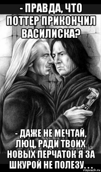 - правда, что поттер прикончил василиска? - даже не мечтай, люц, ради твоих новых перчаток я за шкурой не полезу. . .