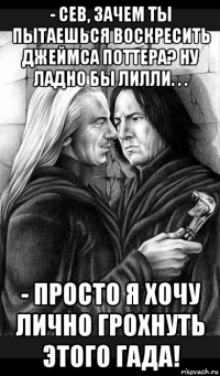 - сев, зачем ты пытаешься воскресить джеймса поттера? ну ладно бы лилли. . . - просто я хочу лично грохнуть этого гада!