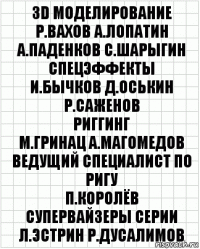 3D моделирование
Р.Вахов А.Лопатин
А.Паденков С.Шарыгин
спецэффекты
И.Бычков Д.Оськин Р.Саженов
риггинг
М.Гринац А.Магомедов
ведущий специалист по ригу
П.Королёв
супервайзеры серии
Л.Эстрин Р.Дусалимов