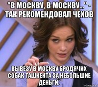 "в москву, в москву..." - так рекомендовал чехов вывезу в москву бродячих собак ташкента за небольшие деньги.