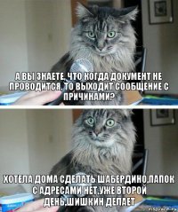 а вы знаете, что когда документ не проводится, то выходит сообщение с причинами? Хотела дома сделать Шабердино,папок с адресами нет,уже второй день,Шишкин делает