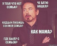 У тебя что нет семьи? Че батю нашел? Кадцын любишь сок моя семья? Где был? С семьёй? Как мама?     