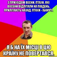 з приходом весни, птахи, які восени відлітали на південь, прилітають назад. птахи - їбануті. я б на їх місці в цю країну не повертався.