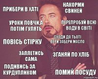 Прибери в хаті Накорми свиней Повісь стірку Подивись за курдупликом Зганяй по хліб Сходи до тьоті Вери забери масло Заплетись сама Помий посуду Уроки повчи,а потім гулять Перепробуй всю воду в Світі