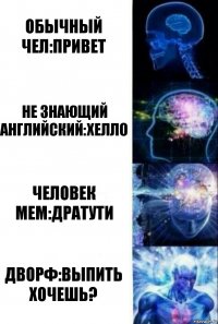 Обычный чел:Привет не знающий английский:Хелло Человек мем:Дратути Дворф:Выпить хочешь?