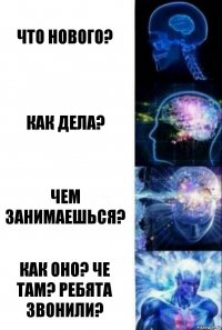 Что нового? Как дела? Чем занимаешься? Как оно? Че там? Ребята звонили?