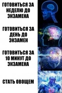 Готовиться за неделю до экзамена Готовиться за день до экзамен Готовиться за 10 минут до экзамена Стать овощем