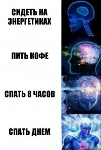 Сидеть на энергетиках Пить Кофе Спать 8 часов Спать Днем