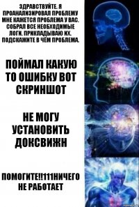 здравствуйте. Я проанализировал проблему мне кажется проблема у вас. собрал все необходимые логи. прикладываю их. подскажите в чём проблема. Поймал какую то ошибку вот скриншот Не могу установить ДОКСВИЖН ПОМОГИТЕ!!111НИЧЕГО НЕ РАБОТАЕТ