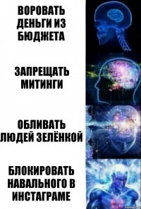 Воровать деньги из бюджета Запрещать митинги Обливать людей зелёнкой Блокировать Навального в инстаграме