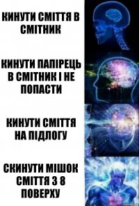 кинути сміття в смітник кинути папірець в смітник і не попасти кинути сміття на підлогу скинути мішок сміття з 8 поверху