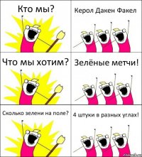 Кто мы? Керол Дакен Факел Что мы хотим? Зелёные метчи! Сколько зелени на поле? 4 штуки в разных углах!