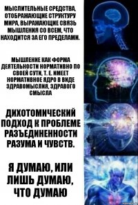 Мыслительные средства, отображающие структуру мира, выражающие связь мышления со всем, что находится за его пределами. Мышление как форма деятельности нормативно по своей сути, т. е. имеет нормативное ядро в виде здравомыслия, здравого смысла Дихотомический подход к проблеме разъединенности разума и чувств. Я думаю, или лишь думаю, что думаю