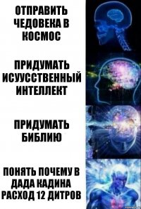 Отправить чедовека в космос Придумать исуусственный интеллект Придумать библию Понять почему в дада кадина расход 12 дитров