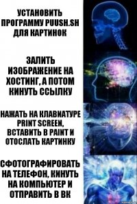 Установить программу puush.sh для картинок Залить изображение на хостинг, а потом кинуть ссылку Нажать на клавиатуре Print Screen, вставить в Paint и отослать картинку Сфотографировать на телефон, кинуть на компьютер и отправить в ВК