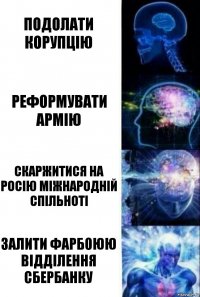 Подолати корупцію Реформувати армію Скаржитися на Росію міжнародній спільноті Залити фарбоюю відділення Сбербанку