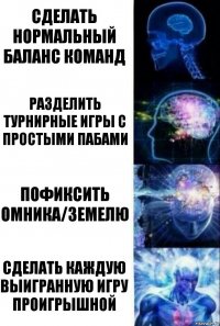 Сделать нормальный баланс команд Разделить турнирные игры с простыми пабами Пофиксить омника/земелю Сделать каждую выигранную игру проигрышной