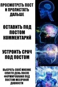 Просмотреть пост и пролистать дальше Оставить под постом комментарий Устроить срач под постом Высрать своё мнение спустя день после формирования под постом месячной давности