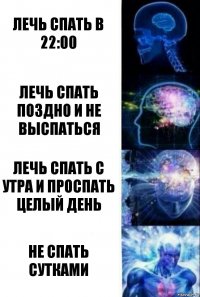 Лечь спать в 22:00 Лечь спать поздно и не выспаться Лечь спать с утра и проспать целый день Не спать сутками