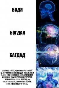 Бодя Богдан Багдад Столица Ирака, административный центр мухафазы Багдад. С населением более 9 млн человек, город является одним из самых больших городов Ближнего Востока. Багдад — политический, экономический и культурный центр Ирака.