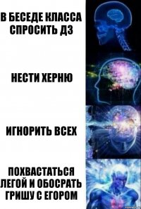 В беседе класса спросить дз Нести херню Игнорить всех Похвастаться легой и обосрать Гришу с Егором